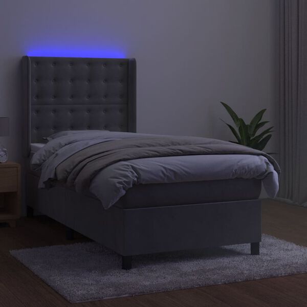 vidaXL Box spring postelja z vzmetnico LED svetlo siva 80x200 cm žamet