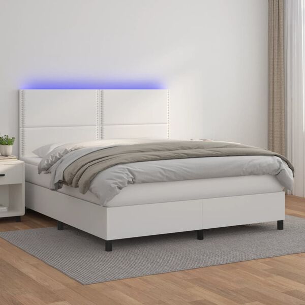 vidaXL Box spring postelja z vzmetnico LED bela 180x200cm umetno usnje