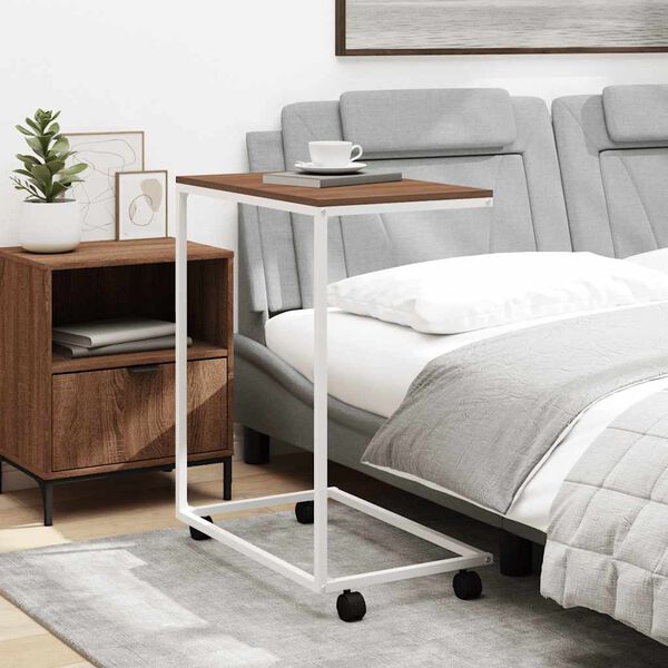 vidaXL Stranska mizica s kolesi bela 55x35x70 cm konstruiran les