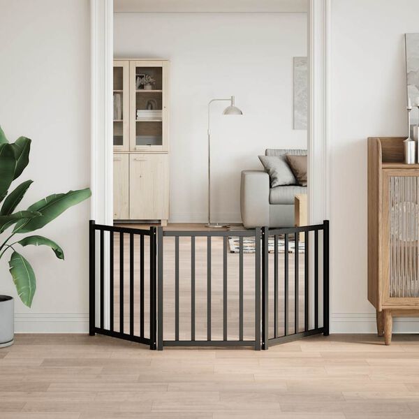 vidaXL Vrata za pse zložljiva 3 paneli črna 150 cm trden les jelke