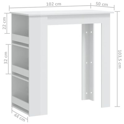 vidaXL Barska miza s policami visok sijaj bela 102x50x103,5 cm