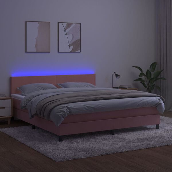 vidaXL Box spring postelja z vzmetnico LED roza 160x200 cm žamet