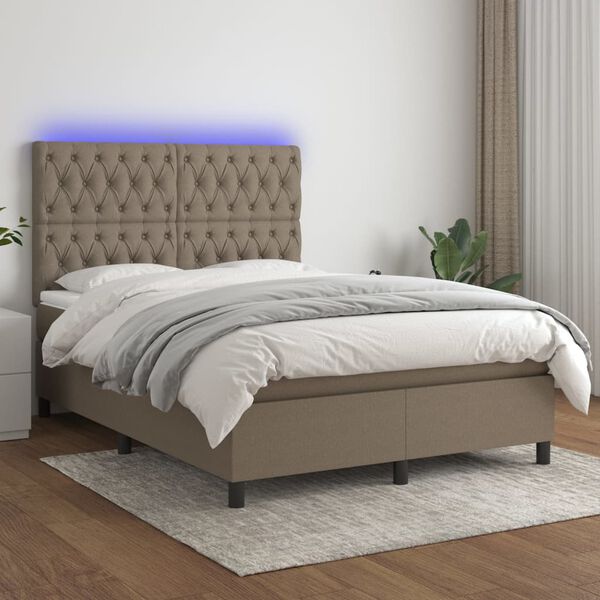 vidaXL Box spring postelja z vzmetnico LED taupe 140x200 cm blago