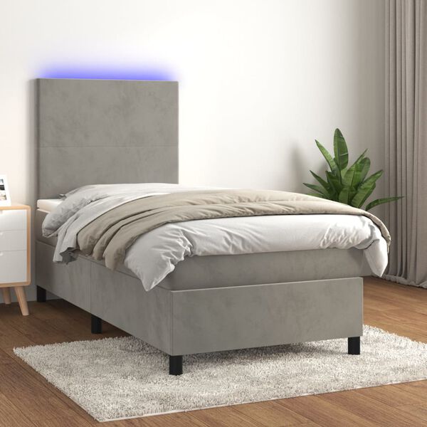 vidaXL Box spring postelja z vzmetnico LED svetlo siva 80x200 cm žamet