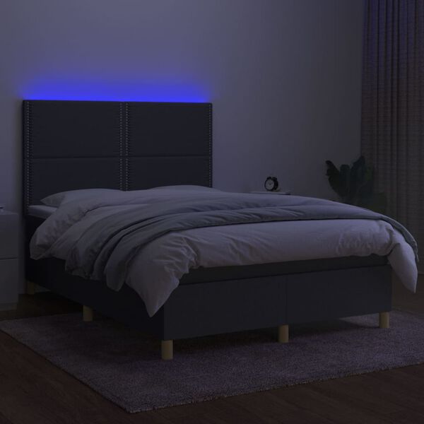 vidaXL Box spring postelja z vzmetnico LED temno siva 140x200 cm blago