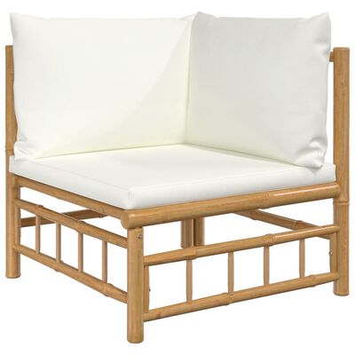 vidaXL Vrtni kotni kavč 2 kosa s kremno belimi blazinami bambus