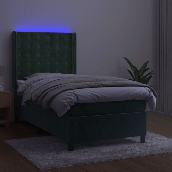 vidaXL Box spring postelja z vzmetnico LED tem. zelena 100x200cm žamet