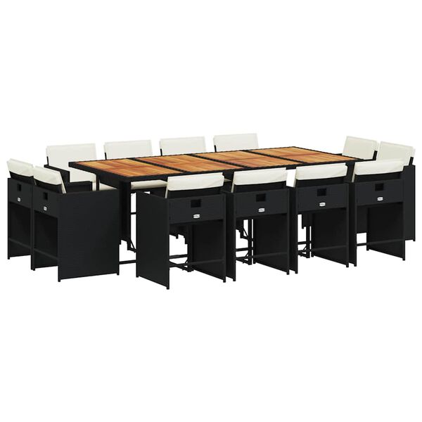 vidaXL Vrtna jedilna garnitura 13-delna z blazinami črn poli ratan