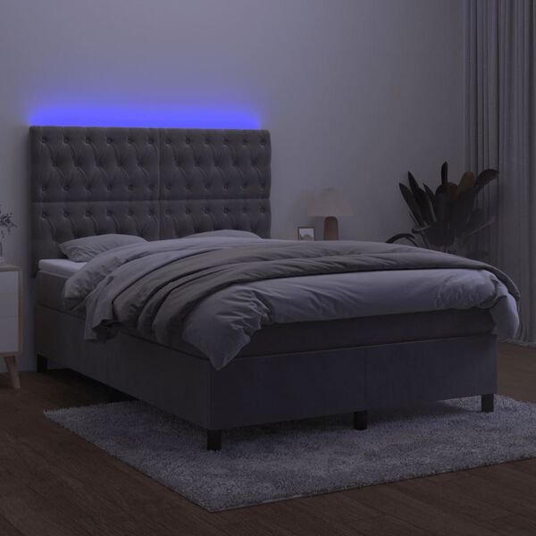 vidaXL Box spring postelja z vzmetnico LED svetlo siva 140x200cm žamet