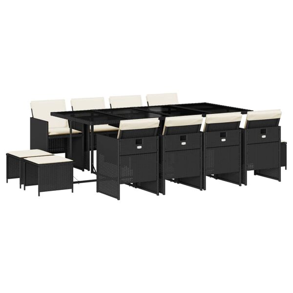 vidaXL Vrtna jedilna garnitura 13-delna z blazinami črn poli ratan