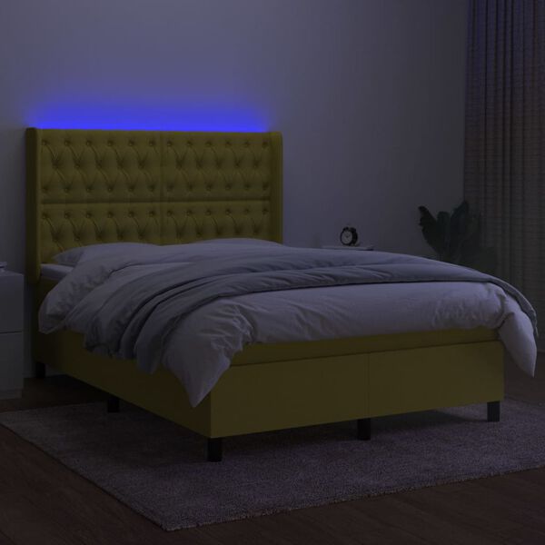 vidaXL Box spring postelja z vzmetnico LED zelena 140x190 cm blago