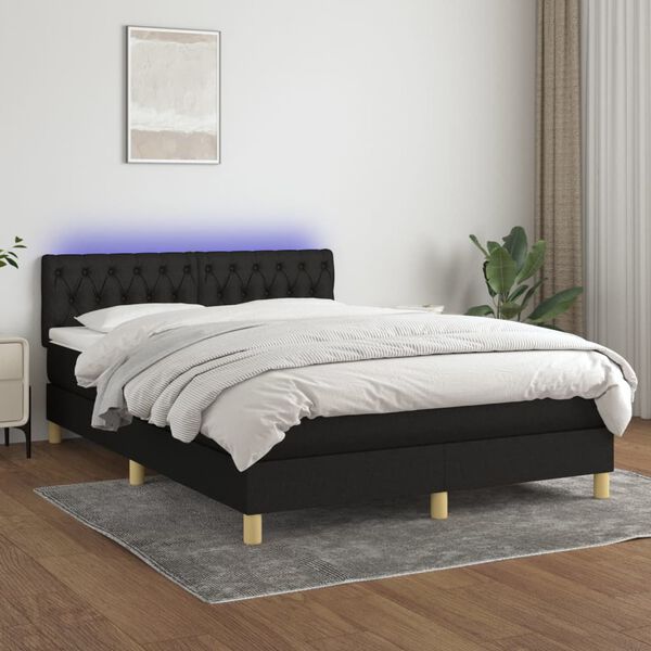 vidaXL Box spring postelja z vzmetnico LED črna 140x190 cm blago