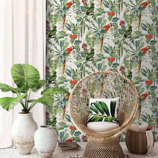 DUTCH WALLCOVERINGS Tapeta tropske ptice bela in zelena