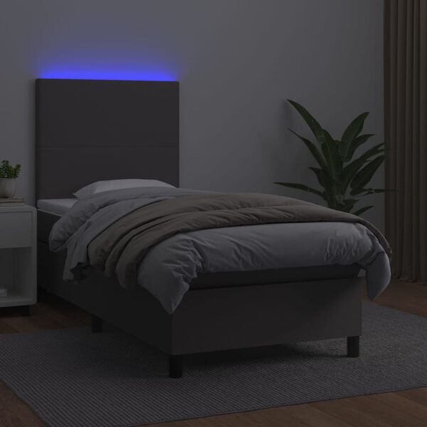 vidaXL Box spring postelja z vzmetnico LED siva 90x200 cm umetno usnje