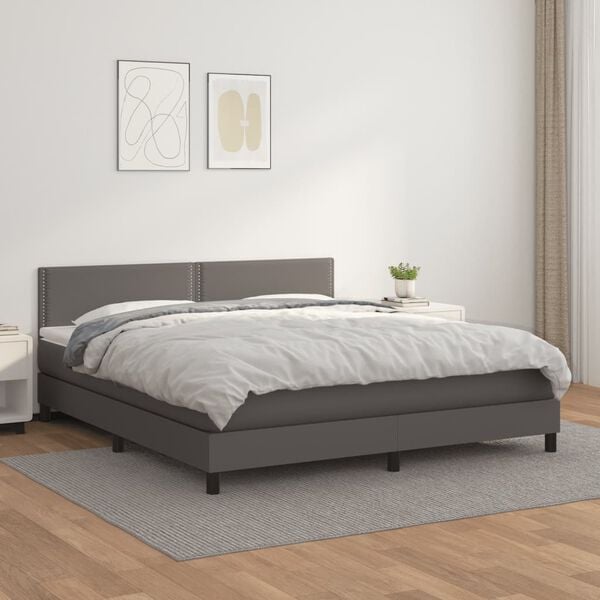 vidaXL Box spring postelja z vzmetnico siv 160x200 cm umetno usnje