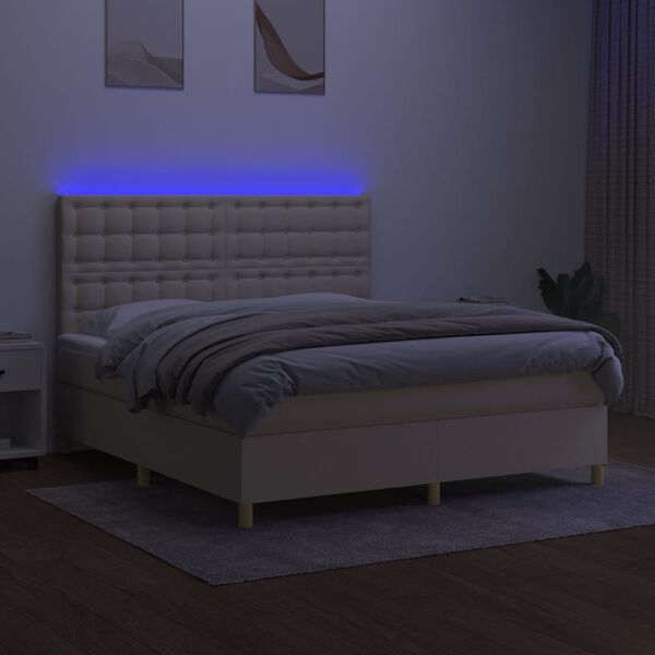 vidaXL Box spring postelja z vzmetnico LED krem 180x200 cm blago