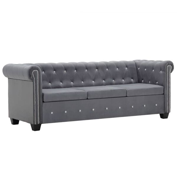 vidaXL Kavč trosed Chesterfield z žametno oblogo 199x75x72 cm siv