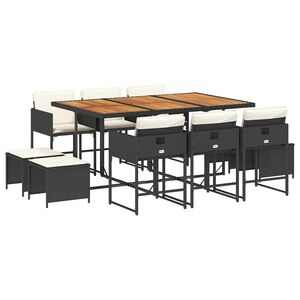 vidaXL Vrtna jedilna garnitura 11-delna z blazinami črna poli ratan