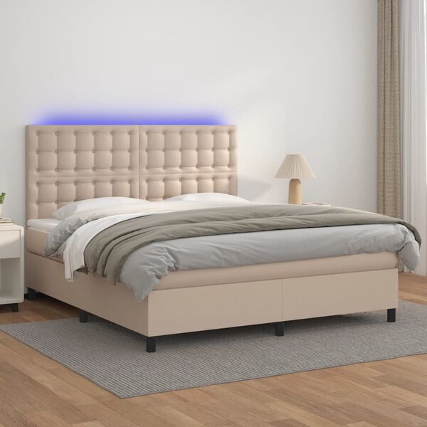 vidaXL Box spring postelja vzmetnico LED kapučino 180x200 cm um. usnje