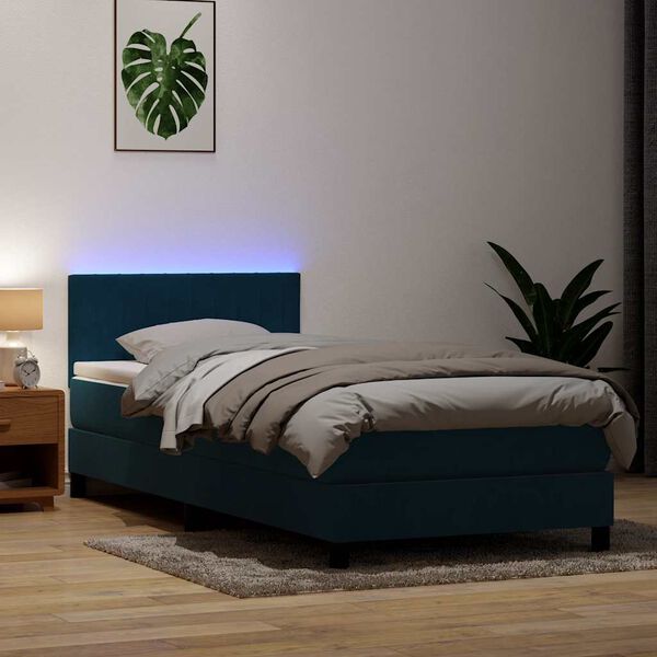 vidaXL Box spring postelja z vzmetnico LED temno modra 80x220 cm žamet