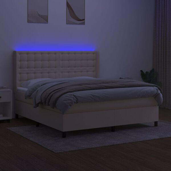 vidaXL Box spring postelja z vzmetnico LED krem 160x200 cm blago