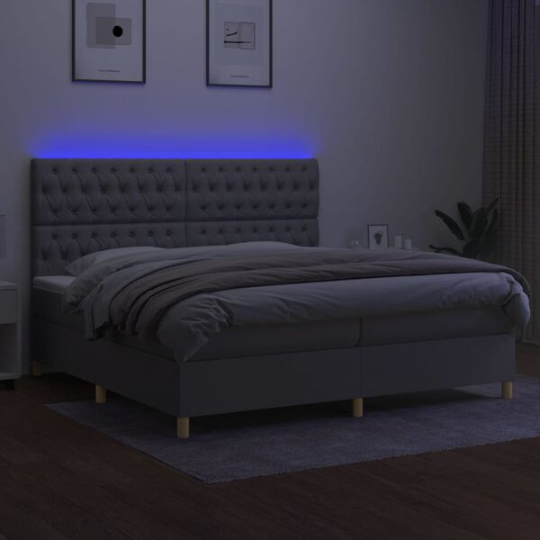 vidaXL Box spring postelja z vzmetnico LED sv. siva 200x200 cm blago