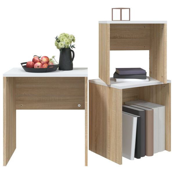 vidaXL Komplet 3 klubskih mizic bela in sonoma hrast iverna plo&scaron;ča