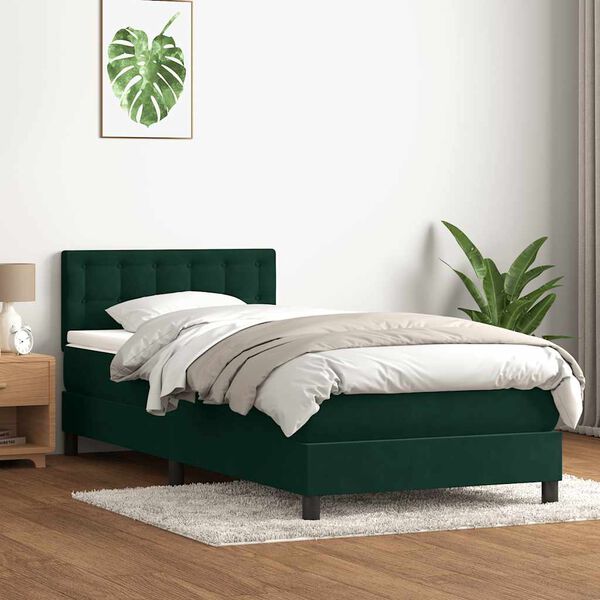vidaXL Box Spring postelja z vzmetnico Temno zelena 100x220 cm Žamet