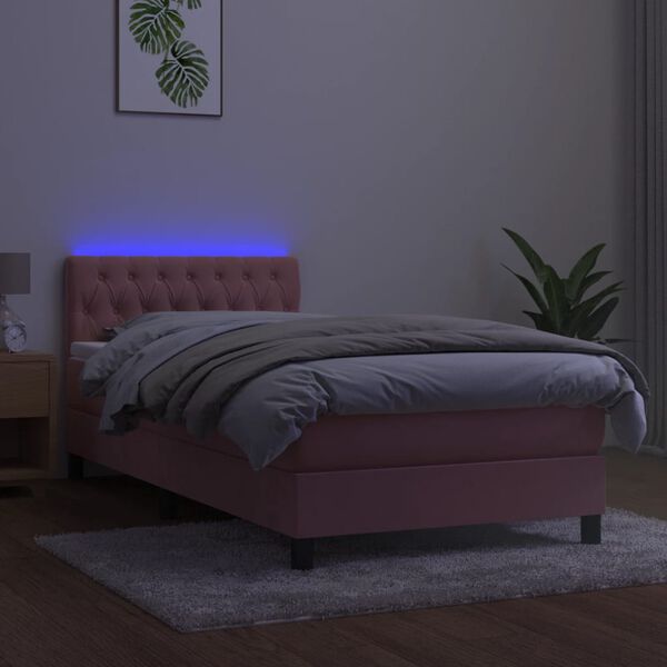 vidaXL Box spring postelja z vzmetnico LED roza 90x190 cm žamet