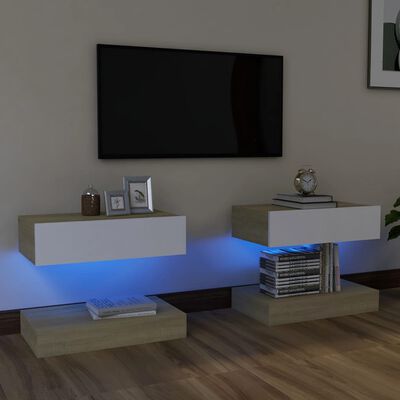 vidaXL TV omarica z LED lučkami 2 kosa bela in sonoma hrast 60x35 cm
