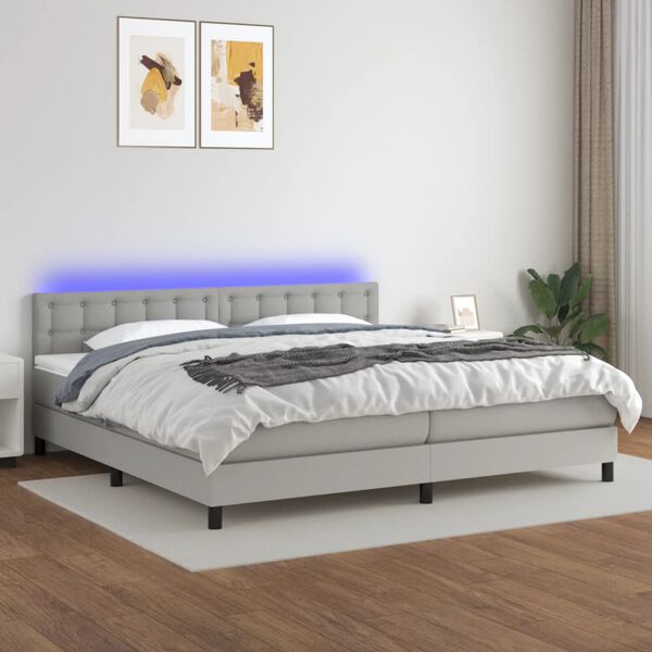 vidaXL Box spring postelja z vzmetnico LED sv. siva 200x200 cm blago