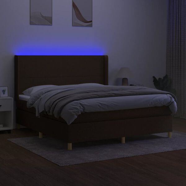 vidaXL Box spring postelja z vzmetnico LED temno rjava 180x200cm blago