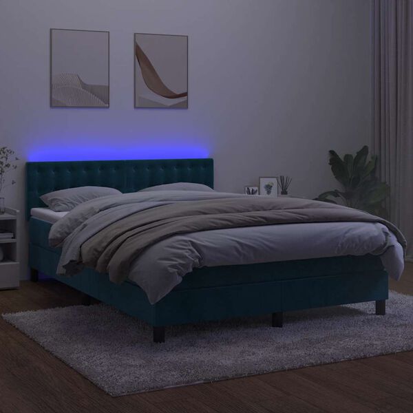 vidaXL Box spring postelja z vzmetnico LED temno modra 140x190cm žamet