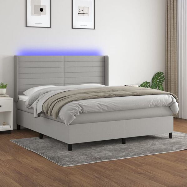 vidaXL Box spring postelja z vzmetnico LED sv. siva 180x200 cm blago