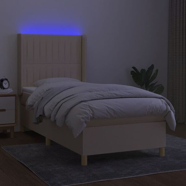vidaXL Box spring postelja z vzmetnico LED krem 100x200 cm blago