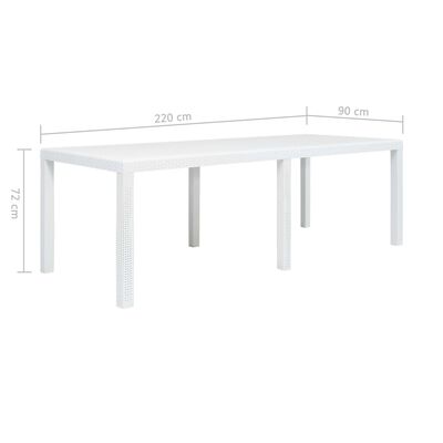 vidaXL Vrtna miza iz plastike 220x90x72 cm bela videz ratana