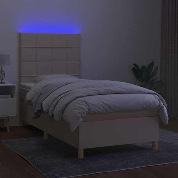 vidaXL Box spring postelja z vzmetnico LED krem 100x200 cm blago