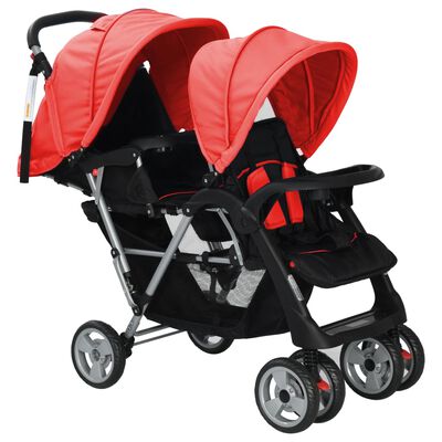 vidaXL Dvojni otroški voziček jeklen rdeče in črne barve