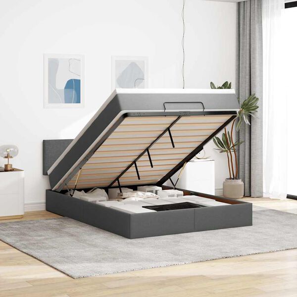 vidaXL Otomanska postelja z vzmetnico & LEDs siv 140x200 cm blago