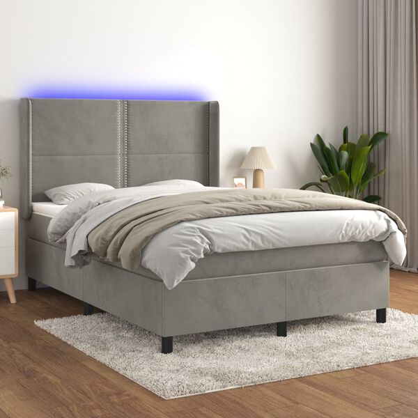 vidaXL Box spring postelja z vzmetnico LED svetlo siva 140x200cm žamet