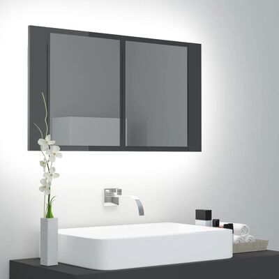 vidaXL LED kopalniška omarica z ogledalom visok sijaj siva akril
