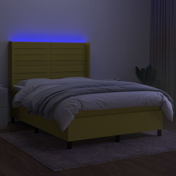 vidaXL Box spring postelja z vzmetnico LED zelena 140x200 cm blago