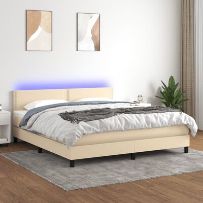 vidaXL Box spring postelja z vzmetnico LED krem 180x200 cm blago