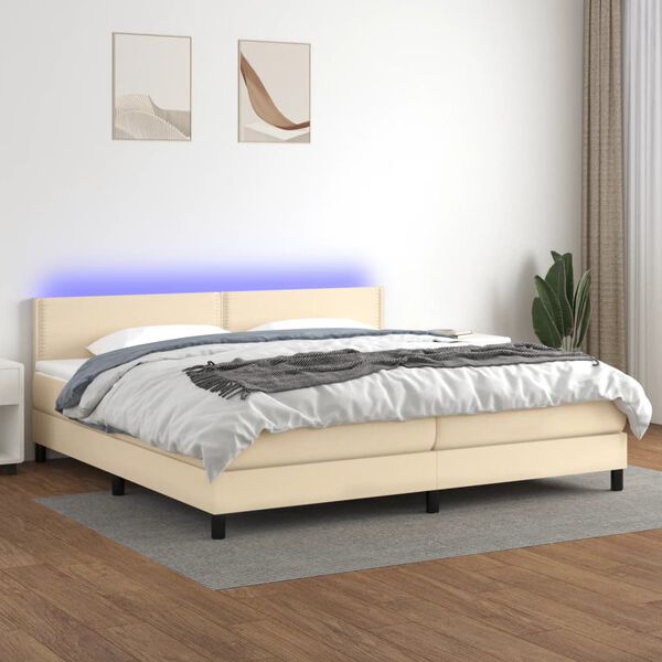 vidaXL Box spring postelja z vzmetnico LED krem 200x200 cm blago