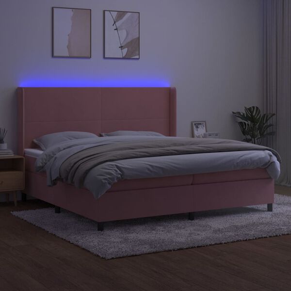 vidaXL Box spring postelja z vzmetnico LED roza 200x200 cm žamet