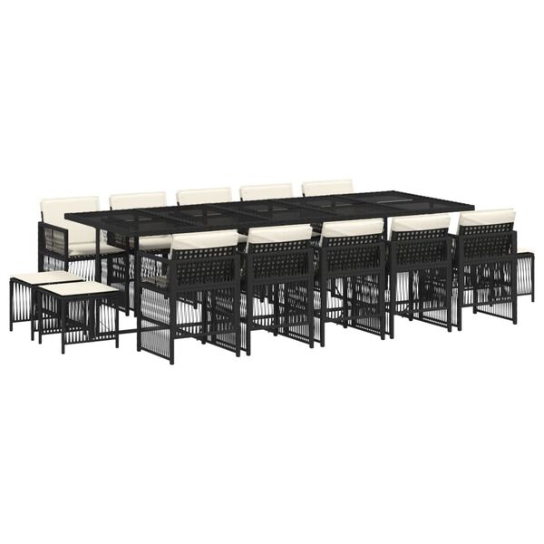 vidaXL Vrtna jedilna garnitura 15-delna z blazinami črn poli ratan