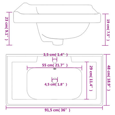 vidaXL Kopalniški umivalnik bel 91,5x48x23 cm pravokoten keramičen
