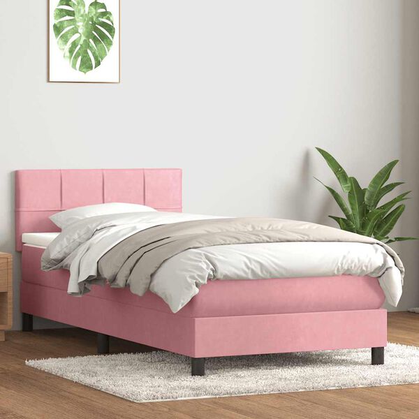 vidaXL Box spring postelja z vzmetnico LED Pink 100x220 cm Velvet