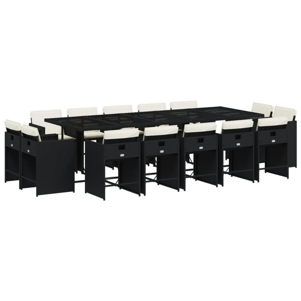 vidaXL Vrtna jedilna garnitura 15-delna z blazinami črn poli ratan