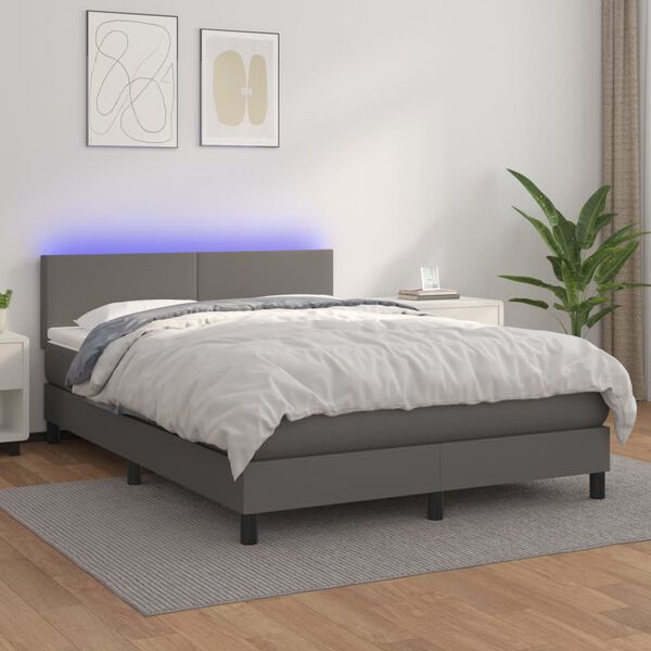 vidaXL Box spring postelja z vzmetnico LED siva 140x200cm umetno usnje